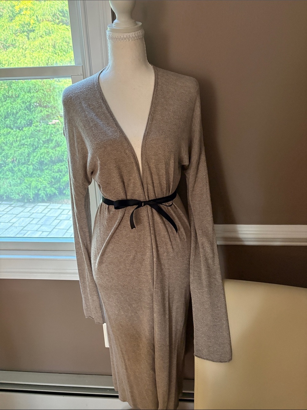 Light Taupe Long Cashmere-Blend Cardigan with Belt